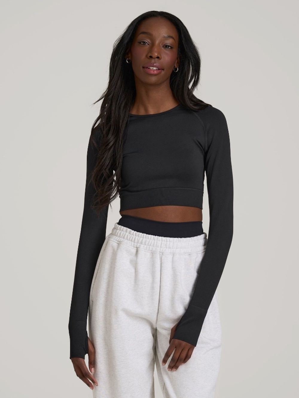 American Tall Compression Long Sleeve Cropped Training Top for Tall Women in Bla